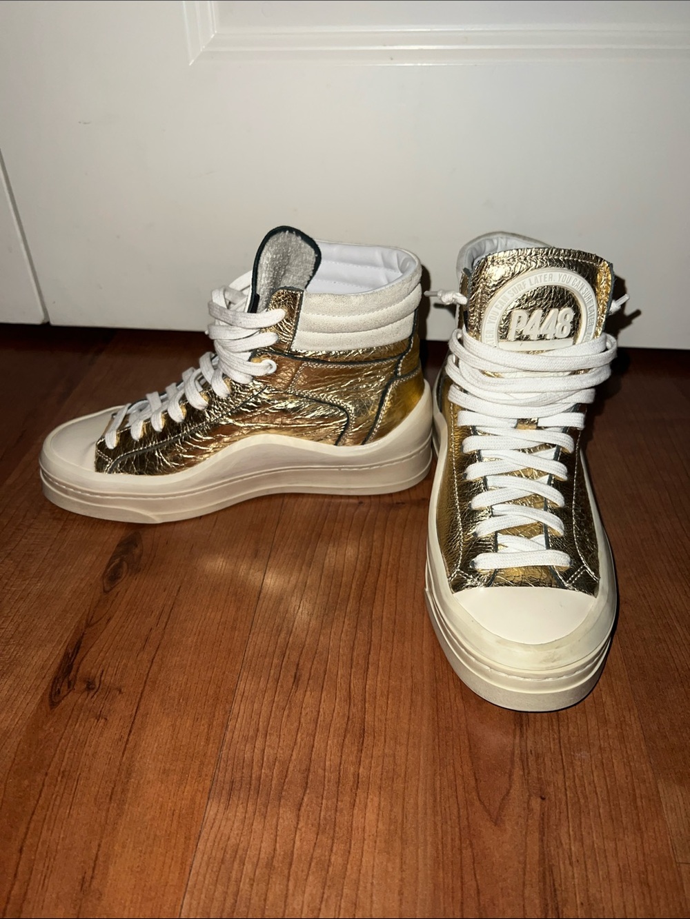 P448 Metallic Gold and White High-Top Sneakers sz 36 Made in Italy NWOT